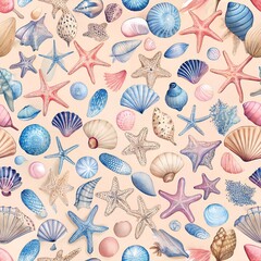 Seamless Pattern of Seashells and Starfish on Light Sandy Background. Perfect for: Summer, Beach