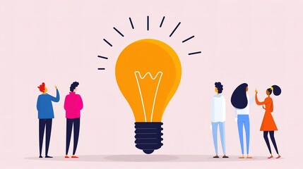 Group of people looking up at a large light bulb, representing inspiration and innovation.