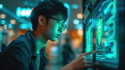 Asian Man Using High-Tech ATM: Digital Security Concept