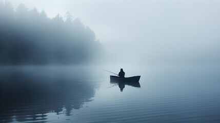 Fisherman in a boat on a forest lake on a foggy morning