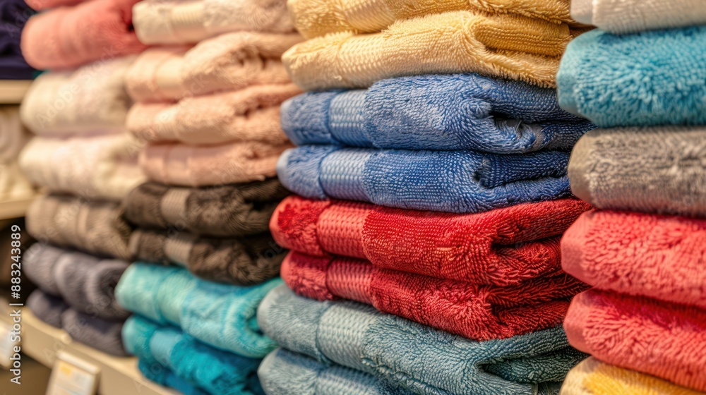 Poster different color towels on the counter of the store.