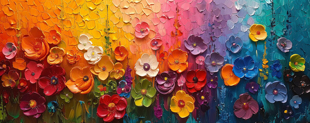 Fototapeta premium A vibrant abstract painting with layers of rich colors, creating a dynamic patterns reminiscent of flowers or leaves.