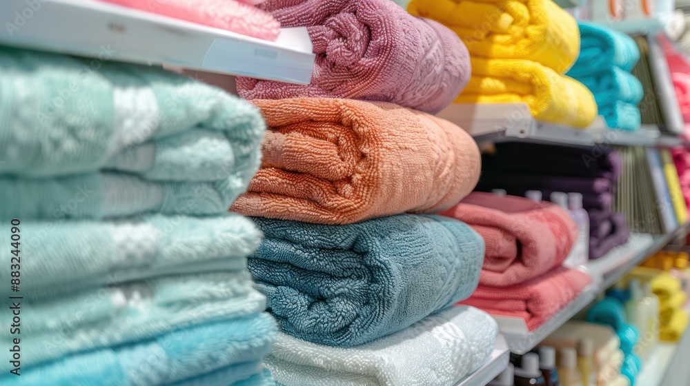 Aufkleber different color towels on the counter of the store.