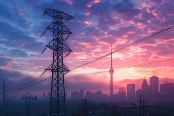 high-voltage line and towering Hackel tower against a city skyline at sunset, with a stunning sky backdrop. Perfect for illustrating the integration of energy technology in urban e