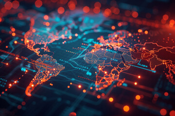 abstract world map representing global network connectivity and international data transfer, highlighting the intersection of cyber technology and worldwide business operations. Id