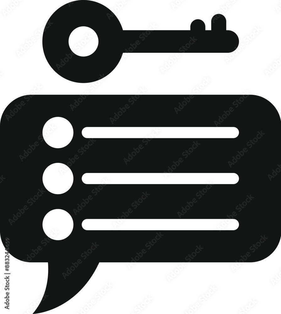 Poster black icon representing secure communication with a key unlocking a speech bubble