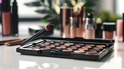 Palette of shadows on white table. Visagiste professional set, beauty industry concept. Trying makeup products using brush, eyeshadows. Foundation and lipsticks on background. 