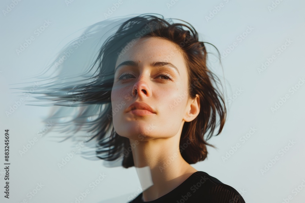 Poster mysterious woman with abstract reflection, soft light portrait generative ai