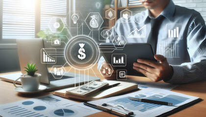 Financial Goals Review: Person Using Tablet for Planning, Goal Setting, and Growth with Clean Background   Photo Realistic Stock Concept