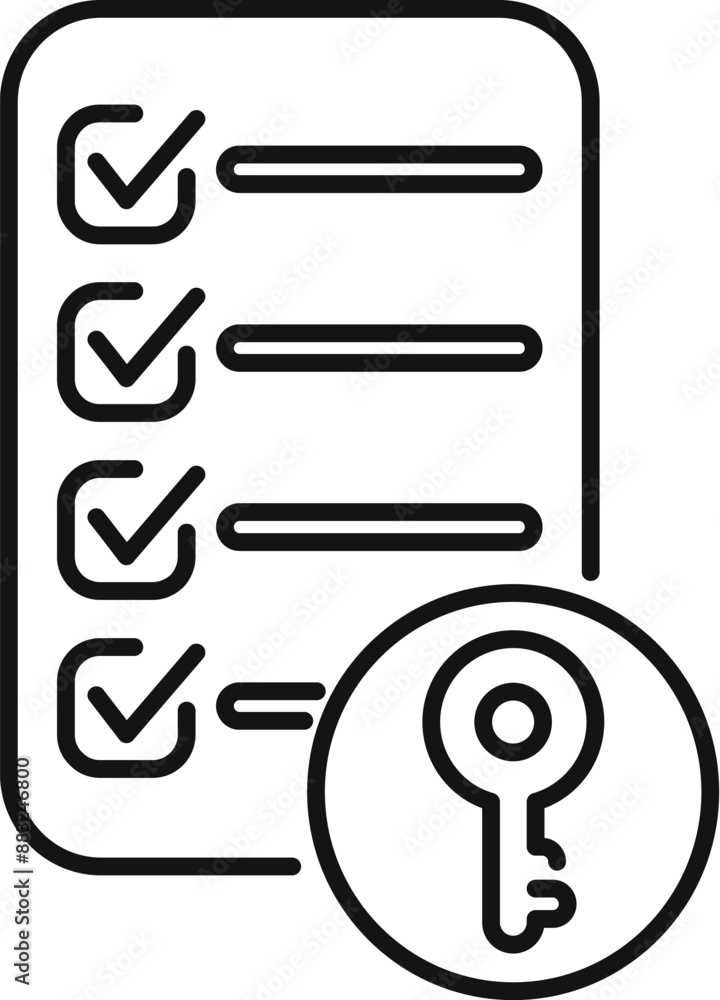Poster line art illustration of a key performance indicator checklist with a key, symbolizing business succ