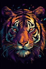 Colorful and Vibrant Digital Illustration of a Tigers Face with Intricate Patterns and Vivid Colors