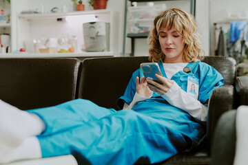 Fototapeta premium Blonde haired nursed dressed in deep blue medical uniform playing game via smartphone while having rest in cozy on call room