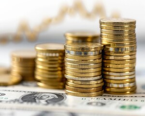 Front shot of stacked coins with rising graph, positive trend, business marketing, white background