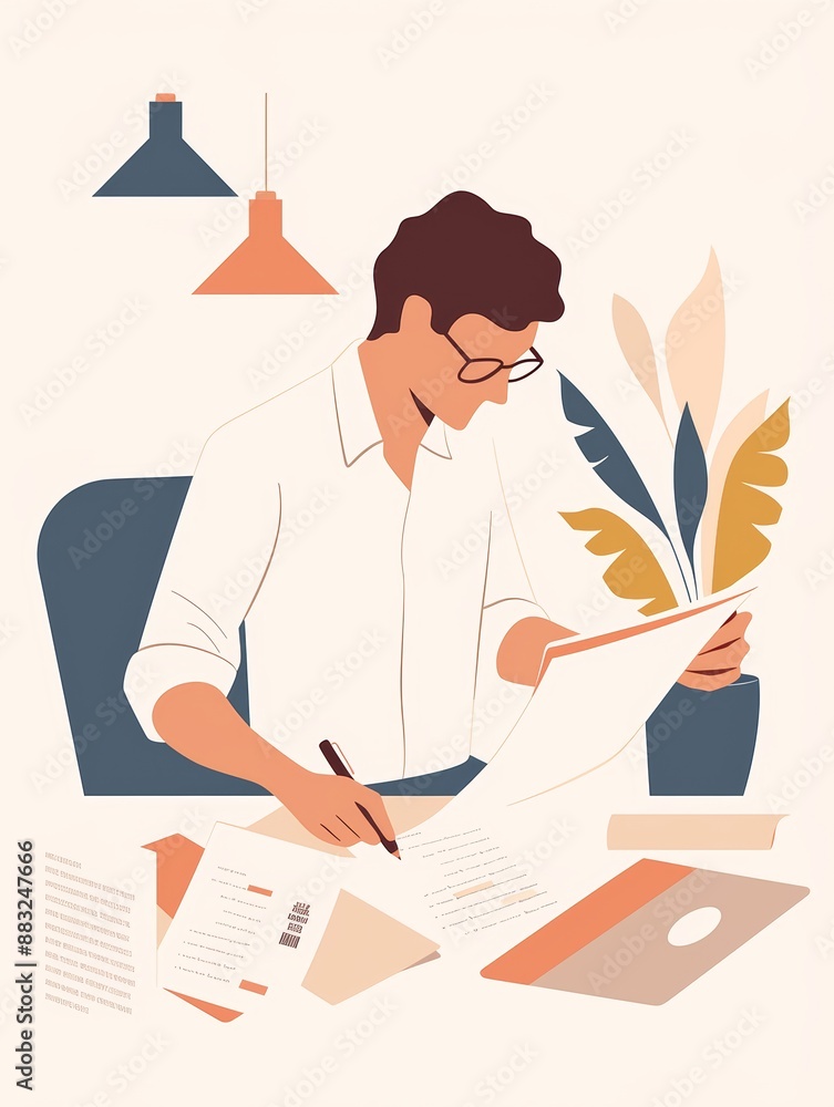 Poster businessman reviewing documents on a simple background generative ai