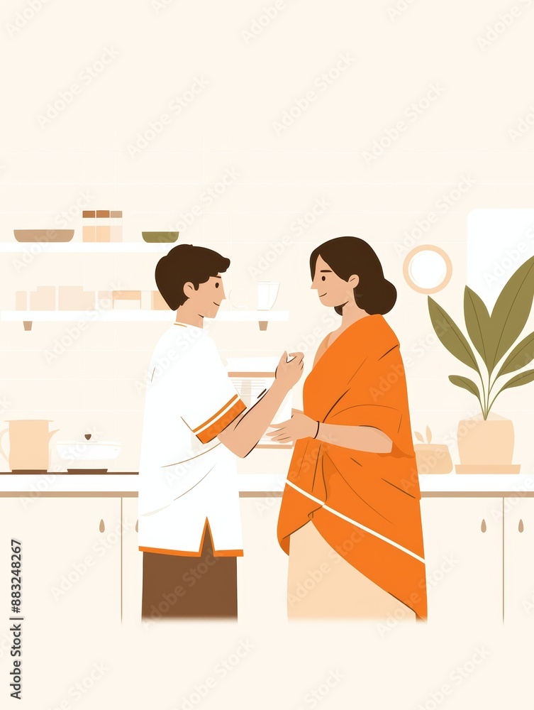 Poster woman in sari conducting performance review in aesthetic setting generative ai
