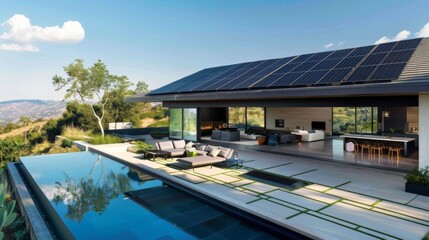 Fototapeta premium Solar panels on the roof of a beautiful modern home. Renewable energy for the home concept