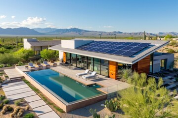 Fototapeta premium Solar panels on the roof of a beautiful modern home. Renewable energy for the home concept
