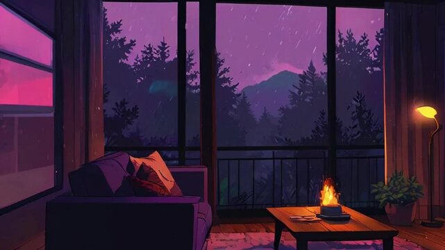 A cozy pink bedroom by a full moon a large window. Soft, lofi music visualizer elements pulse in sync the music, creating a relaxing ambiance, 4k 2D Japanese anime-style purple colors manga Lofi