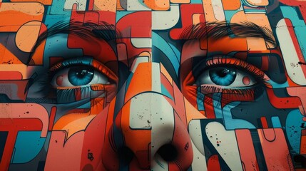 Vibrant street art featuring human eyes in an abstract, colorful geometric pattern. Stunning visual impact and creative expression.