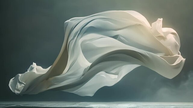 A dramatic studio shot with billowing fabric fluttering in the wind creating a sense of movement and energy.