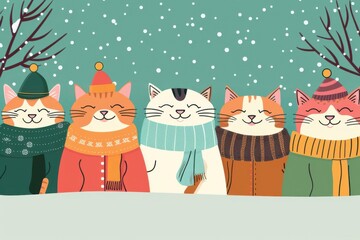 Obraz premium Cats in a winter festival, cozy International Cat Day, flat design illustration