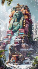 Obraz premium Ancient Egyptian Sphinx and colossal statue with waterfall surrounded by vibrant plants and mythical architecture.