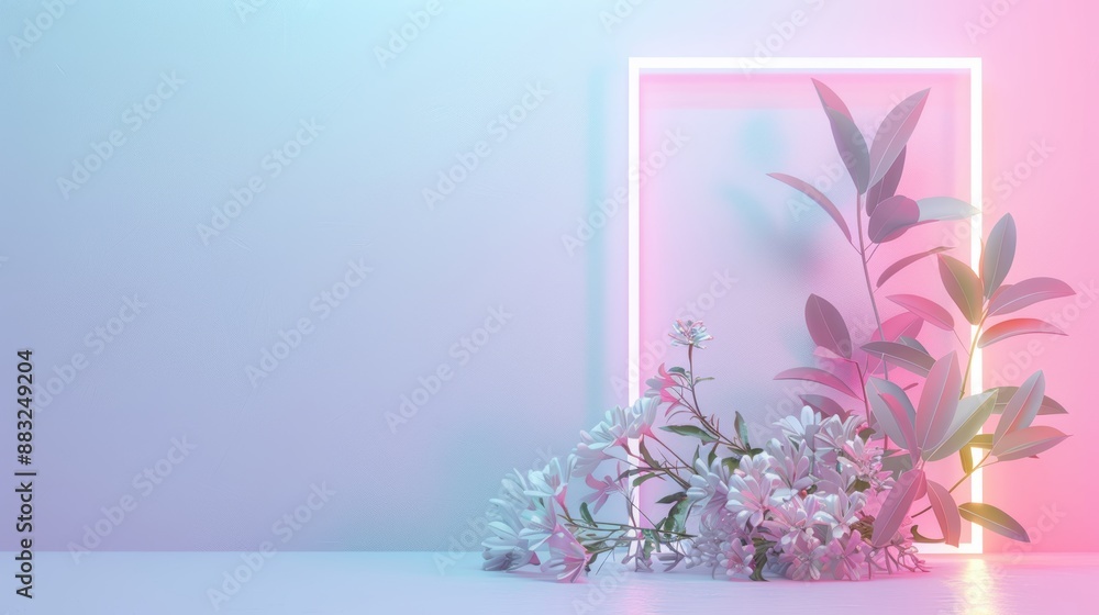 Poster an artistic border made of neon lights and foliage, adding a dynamic and energetic element to any de