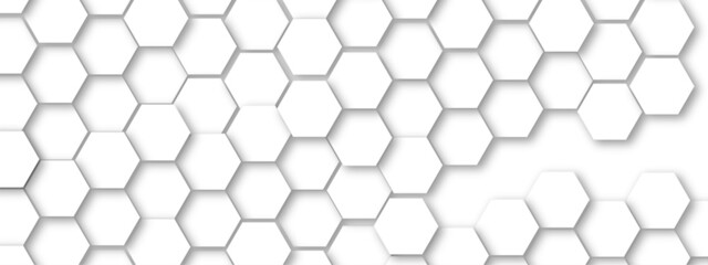 Naklejka premium Vector technology background with hexagon concept design. Embossed Hexagon , honeycomb white shadow. Luxury White 3D futuristic honeycomb mosaic white background.