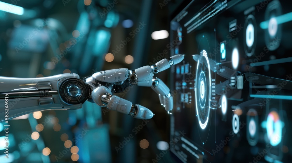 Poster robot hand touches virtual screen showing futuristic artificial intelligence communication icons