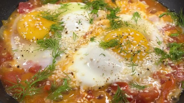 Tasty shakshuka with poached eggs cooked in a pan, topped with fresh herbs and spices. Georgian cuisine. Chirbuli. Close-up.
