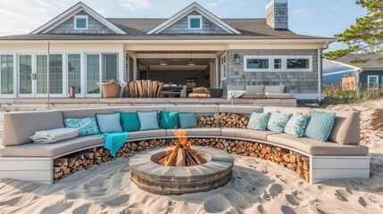 Suburban Cape Cod home's beachfront fire pit area, with comfortable seating and built-in storage for firewood and beach blankets