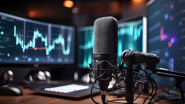 sophisticated broadcasting microphone in an audio creation environment featuring digital sound editing capabilities and abstract voice over waveforms. Podcasting idea.