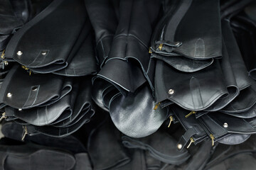 Obraz premium Leather riding boots at the factory. Handmade work.
