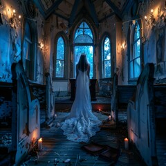 Obraz premium A woman in a wedding dress stands in a church with candles