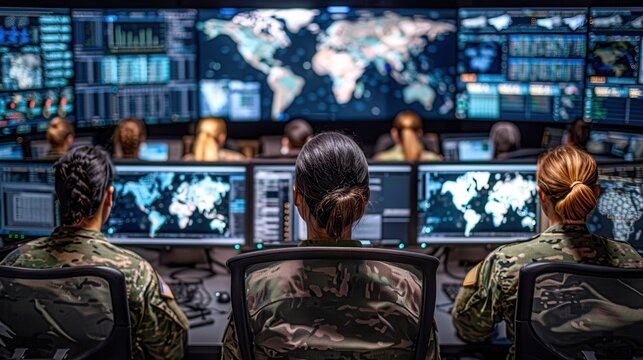 Military personnel in a command center monitoring global operations with multiple screens displaying maps and data.