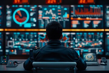 A professional analyzing data on multiple monitors in a high-tech control room, focusing on graphs, charts, and digital interfaces.