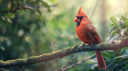 Cardinal bird on tree branch on green background