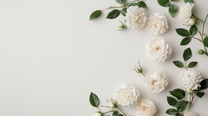 A minimalist white background with a border of white roses, creating a simple yet elegant frame. The image offers plenty of copy space for customization, perfect for adding a romantic touch to any