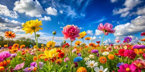 A Vibrant Wildflower Meadow Under a Sunny Sky,  Digital Art,  Colorful Flowers, Blue Sky, Clouds,  wildflowers, meadow