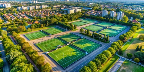 Aerial View of Soccer Fields in a Residential Area, soccer field, sports complex, aerial view, drone photography