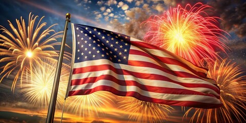American Flag Waving in the Wind with Fireworks Display,  Patriotic , Celebration , Fourth of July , Independence Day