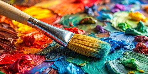 Fototapeta premium Artist's Palette with Paintbrush, Close-up, Vibrant Colors, Creative , paint , art , color