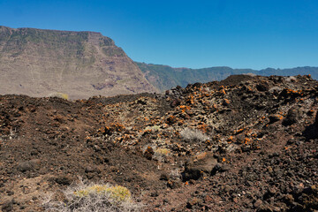 El Hierro Island.  Canary Islands. The recent volcanic flows are covered with lichens of various...