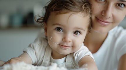 Cute toddler smiling with mother in background, enjoying mealtime with food on face, conveying warmth and family bonding.