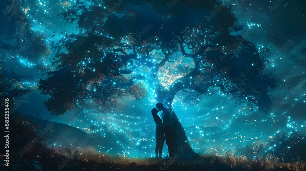 Sticker Couple Embracing Under Glowing Bioluminescent Tree in Ethereal Forest Landscape