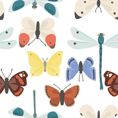 vector seamless pattern with butterflies and dragoflies, insects isolated at white background, natural elements, hand drawn illustration