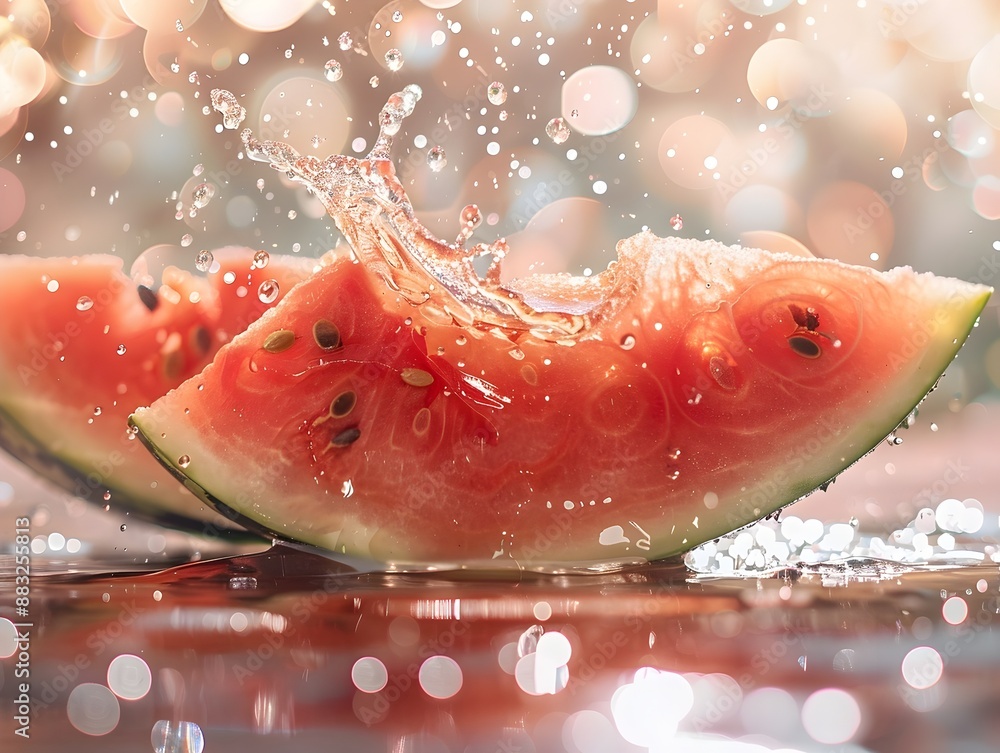 Poster juicy watermelon slice with refreshing drips and sparkling backdrop capturing its essence of summer 