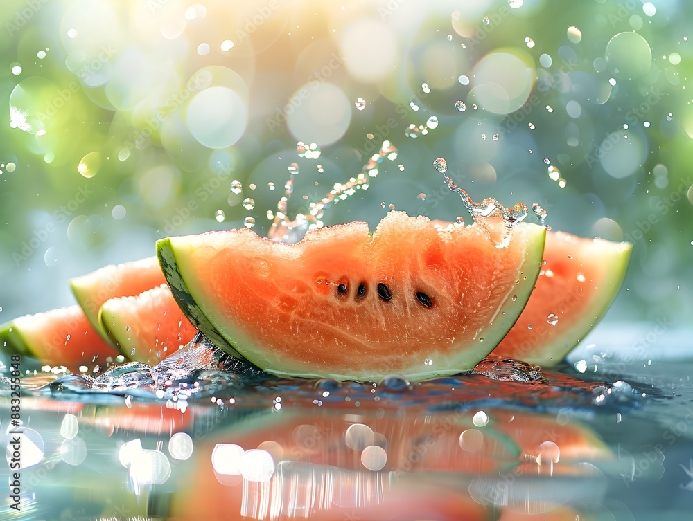 Poster fresh watermelon slice with dripping juice and sparkling backdrop capturing refreshing essence