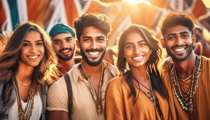 A group of friends at a music festival or concert fresh light.