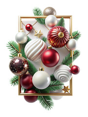Opulent 3D golden frame with intricate Christmas decor, fir, and gems. Luxurious holiday design on transparent background.